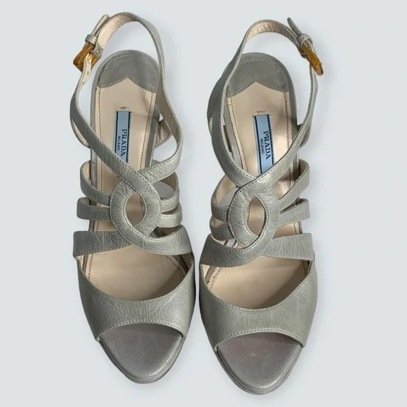 PRADA Heels Size 38 Calzatore Donna Grey Leather Slingback Sandals - Picture 6 of 16